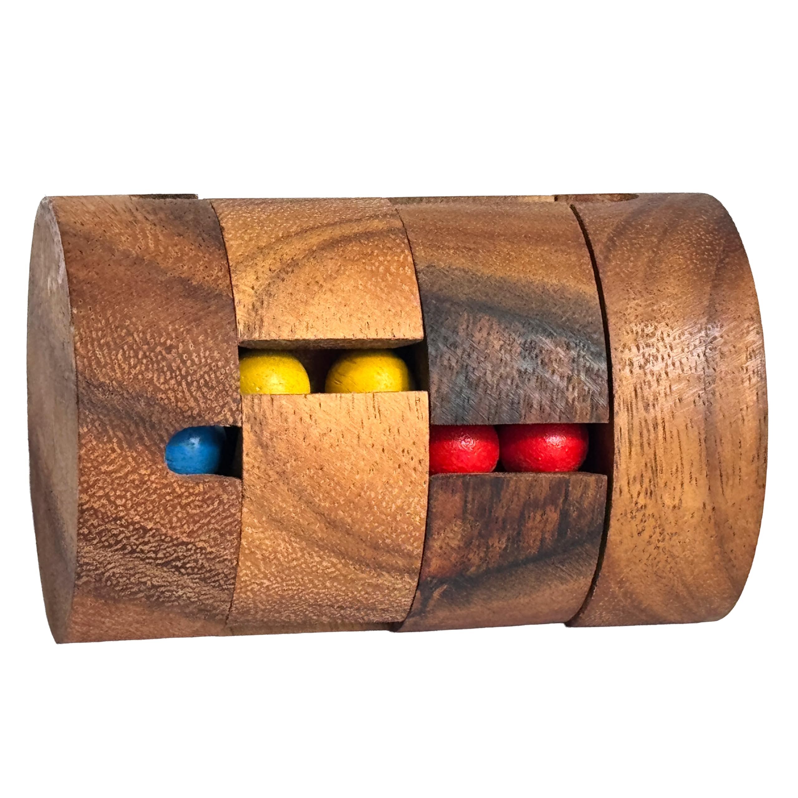 Revlove Wooden Brain Teaser Puzzle, Cylinder with Rotatable Rings, 4 Vertical Shafts, Dark Samena Wood