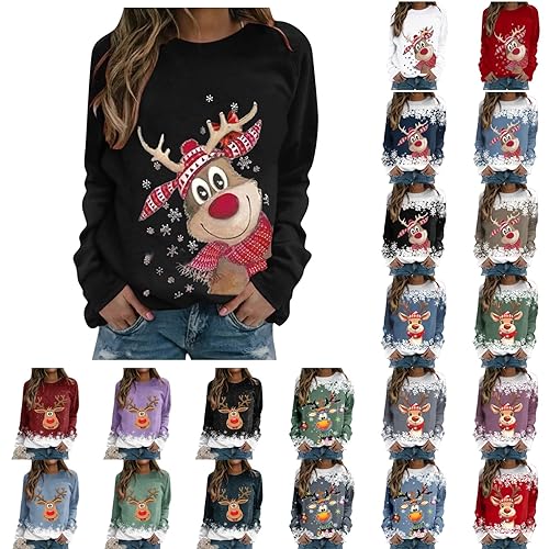 Celucke Women's Christmas Sweatshirts UK, Ladies Christmas Reindeer Crew Neck Jumpers, Funny Snowman Print Graphic Pullover, Cute Long Sleeve Novelty Tops, Xmas Holiday Going Out Tops Blouse