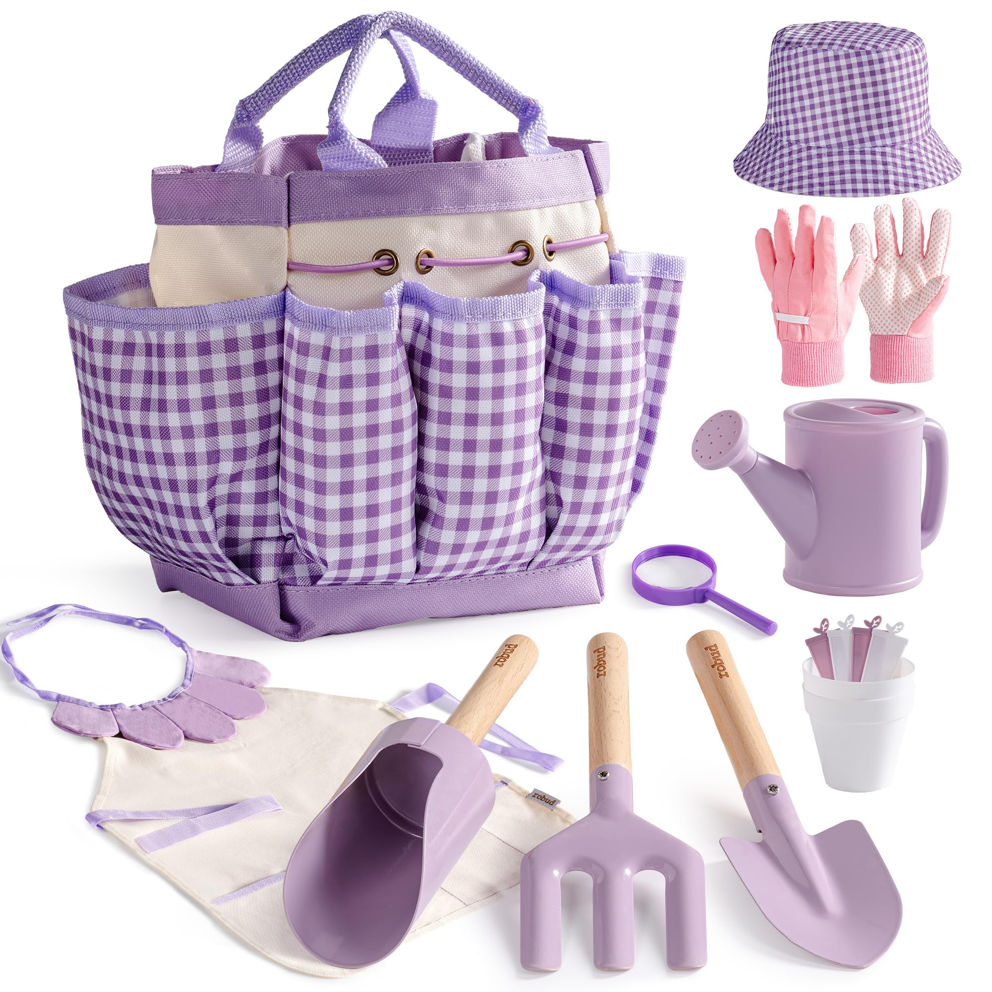 ROBUD Kids Gardening Set, 18 PCS Children’s Gardening Set with Kids Watering Can, Apron, Garden Fork & Shovel, Cylinder Scoop, Gardening Gloves & Tote Bag, Outdoor Garden Toys for Toddler, Purple