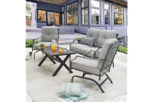PatioFestival Patio Conversation Set Metal Outdoor Furniture Sets All Weather Cushioned Loveseat & 2 Rocking Chairs & 1 Coffee Table for Poolside Lawn Yard 4pcs