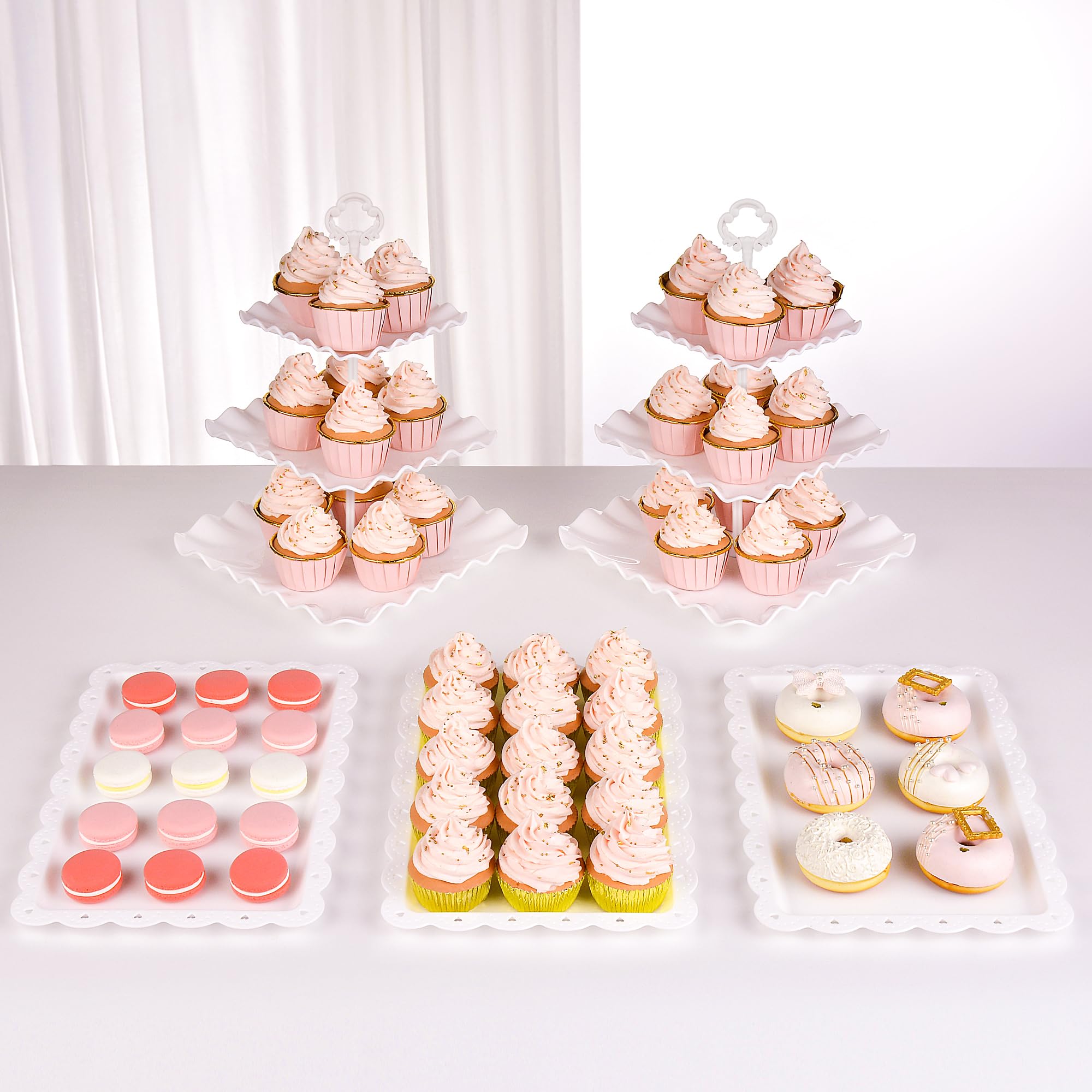 Photo 1 of NWK 5 Piece Cake Stand Set with 2 x Large 3-Tier Cupcake Stands, 3 x Appetizer Trays, for Wedding Birthday Baby Shower Tea Party Decorations (White)