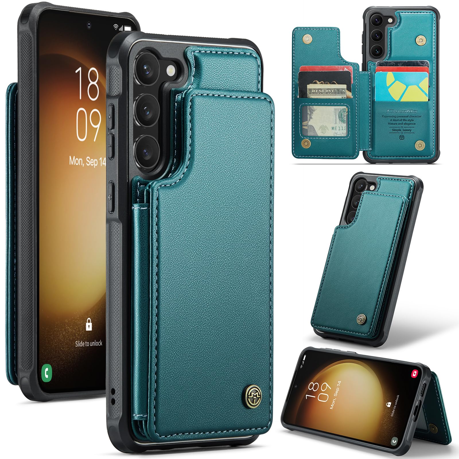 Bemal for Samsung Galaxy S23 Plus Wallet Case with Card Holder, RFID Blocking, Shockproof Leather Kickstand for Men and Women, Durable Protective Phone Cover for 6.6", Bluish Green