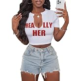 Hilinker Women's Sexy Graphic Crop Tops Short Sleeve V Neck T Shirts Summer Tees