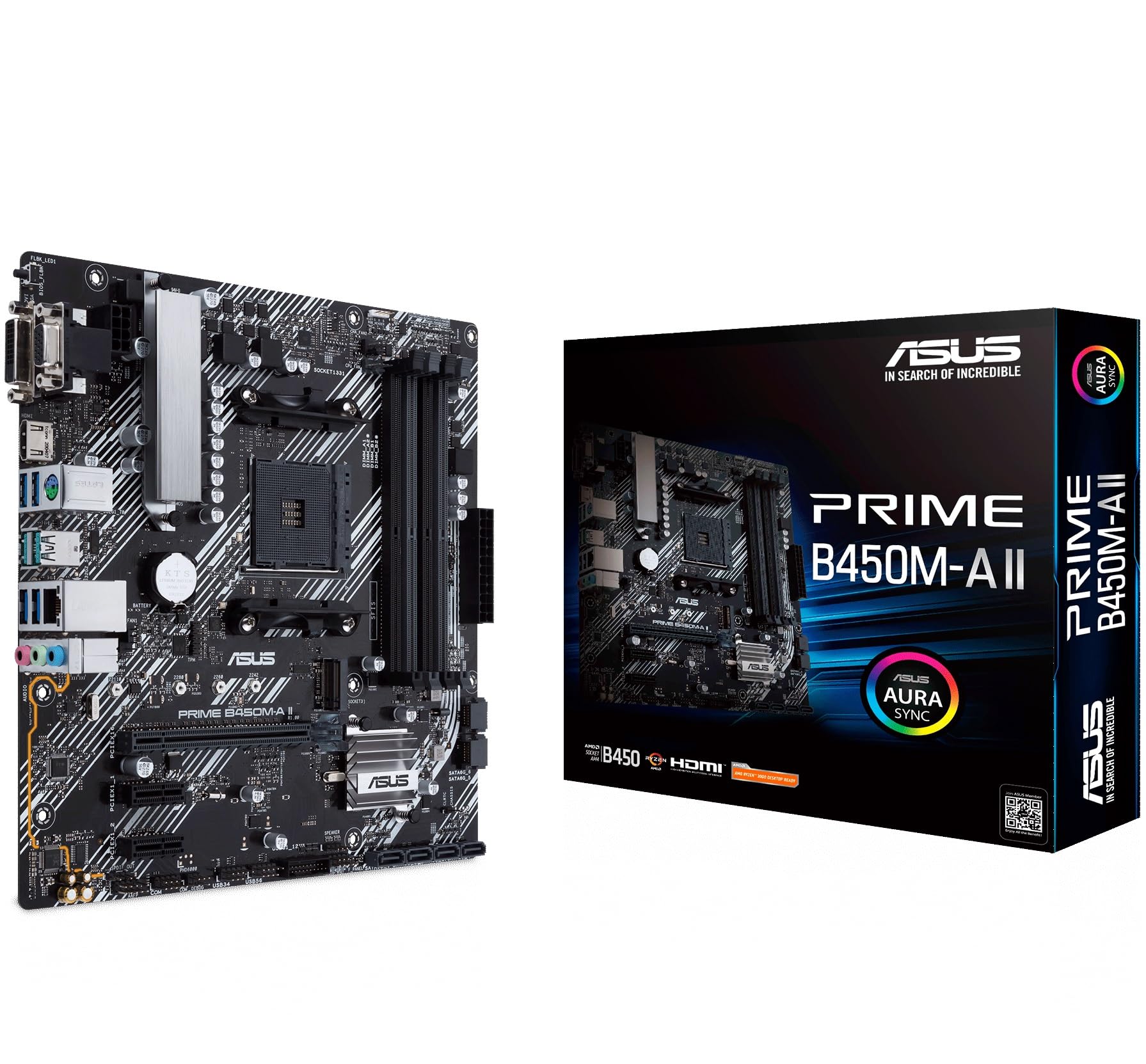 ASUS PRIME B450M-A II, AMD B450 (Ryzen AM4) Micro ATX Motherboard with M.2 Support, HDMI/DVI-D/D-Sub, SATA 6 Gbps, 1 Gb Ethernet, USB 3.2 Gen 2 Type-A, BIOS FlashBack™, Aura Sync RGB Lighting Support