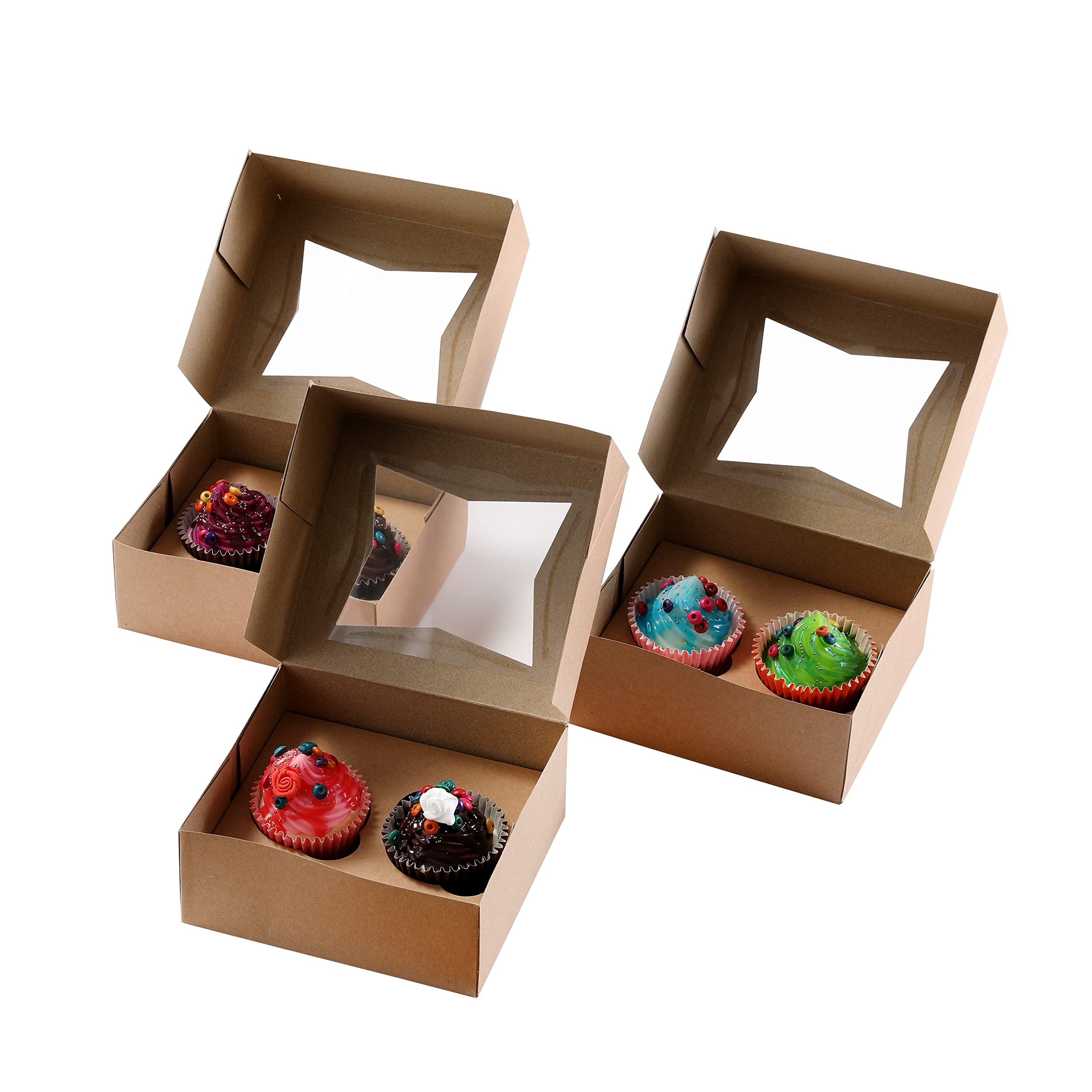 24 x Cupcake Boxes Kraft Brown Holds 2 Single Fairy Cake with Clear Window Cardboard Packaging Box Baking Kids Muffins Cookies Pies Weddings