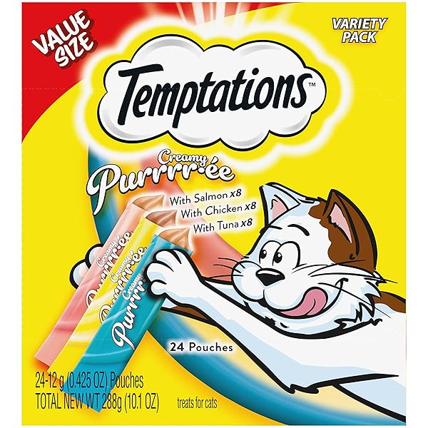 TEMPTATIONS CREAMY PUREE WITH CHICKEN, SALMON, AND TUNA VARIETY PACK OF LICKABLE, SQUEEZABLE CAT TREATS, 0.425 OZ POUCHES, 24 COUNT