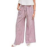 PEHMEA Women's Striped Wide Leg Pants Drawstring Cotton Mid Rise Casual Palazzo Trousers with Pockets 2026