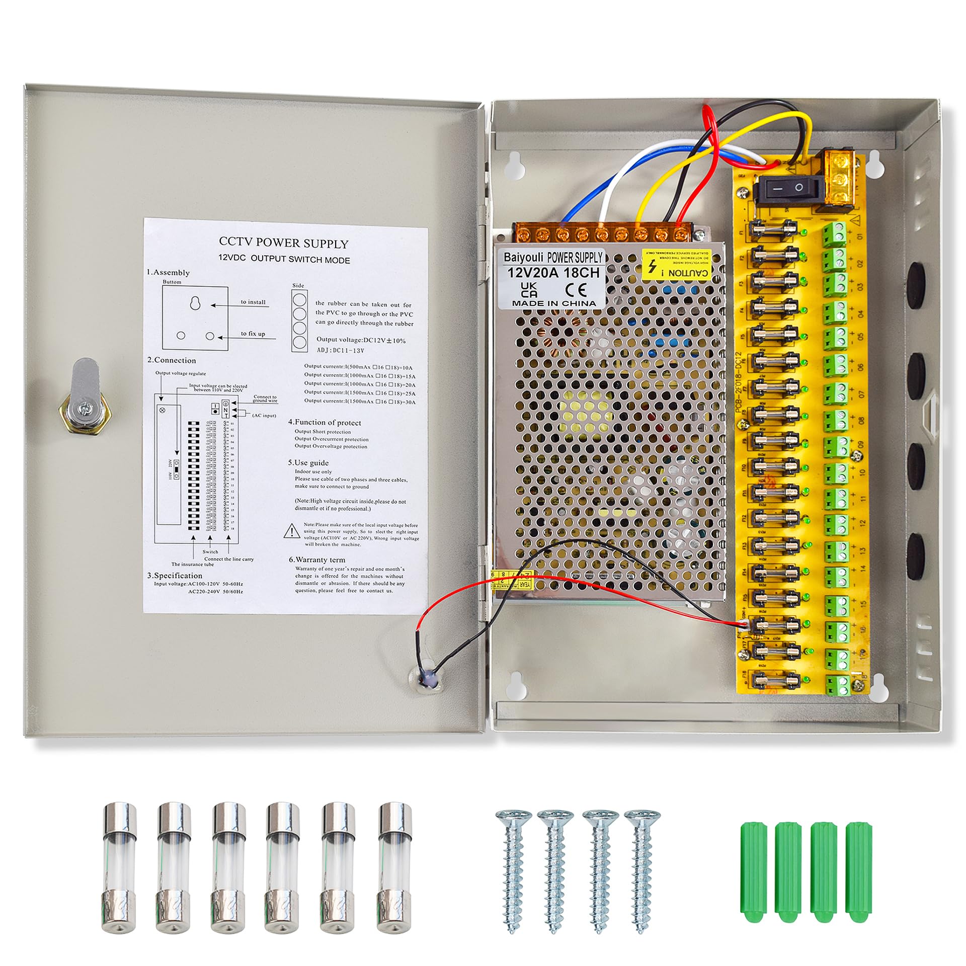 Baiyouli 12V CCTV Power Supply Box - 18 Channel, 220V to 12V 20A 240W Output PSU Distribution Transformer, Ideal for Camera, LED Light Strip