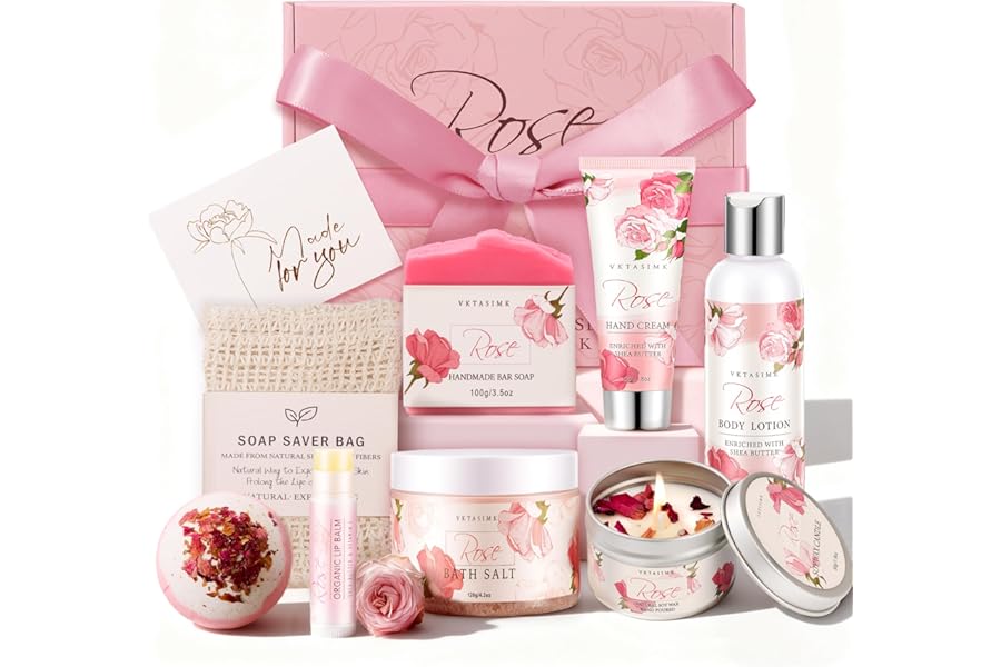 Gifts for Women, Birthday Gifts for Women, Bath and Body Gift Basket Mothers Day Gifts, Rose Home Spa Set Self Care Gift, Thank You for Mom Sister Her Teacher Friends Friendship