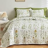 Joyreap Floral Quilt Set California King- 102x114 inches, 3 Pieces Microfiber Quilt, Yellow Flowers Green Leaves Botanical Design, Bedspread Bed Cover for All Season, 1 Quilt n 2 Pillow Shams