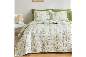Joyreap 3 Pieces Reversible Quilt Set, Smooth Soft Microfiber Quilt, Yellow Flowers Green Leaves Botanical Design, Bedspread Bed Cover for All Season, 1 Quilt n 2 Pillow Shams (Full/Queen, 90x90)