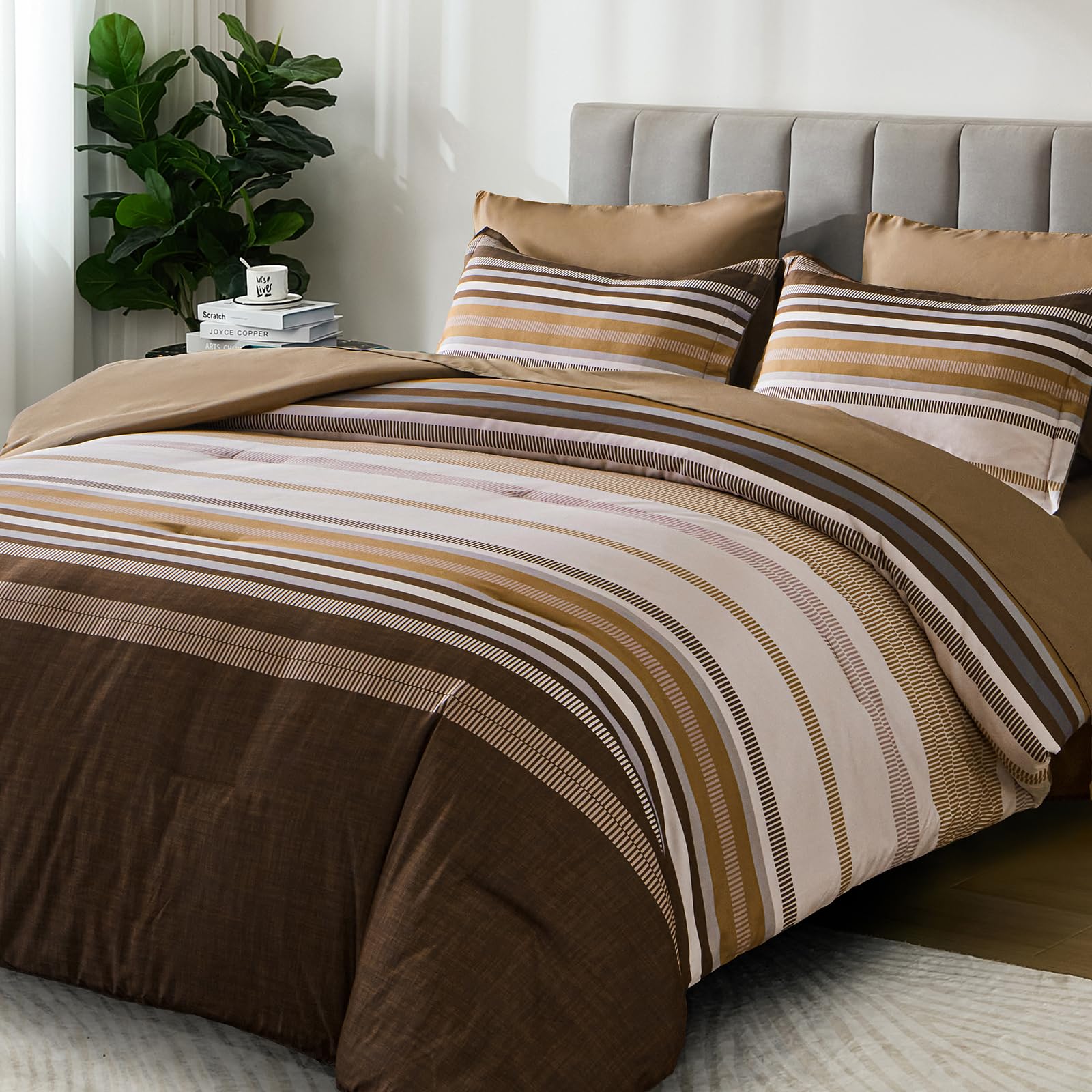 Dobuyly Queen Comforter Set Khaki 7 Pieces, Boho Striped Bed in a Bag Queen Size Soft Microfiber Brown Bedding Set with Comforter, Sheets, Pillowcases & Shams