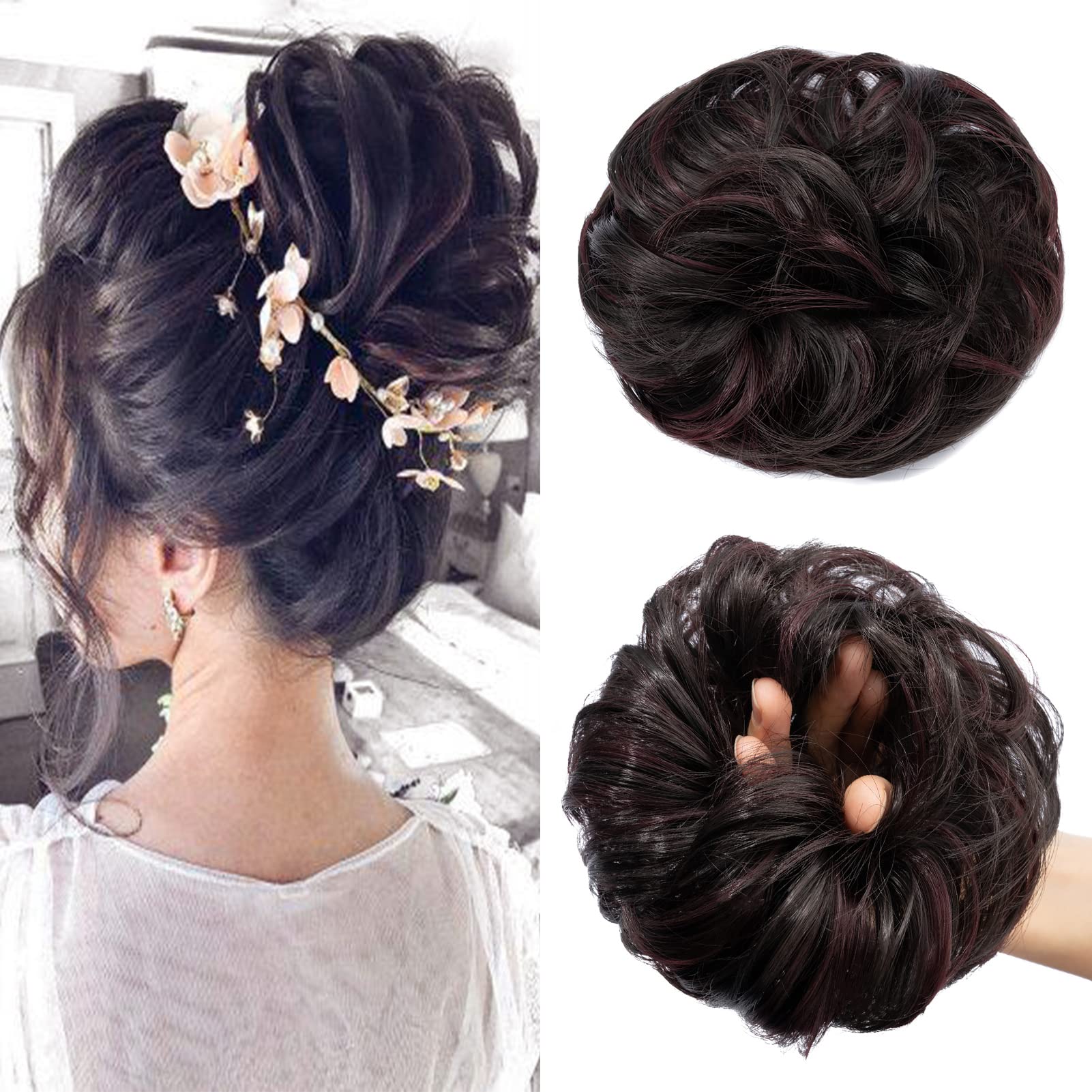Cybelleza Scrunchy Bun Updo Hairpiece - Wavy Curly Messy Hair Bun Donut Hair Chignons - Medium Brown/Wine Red — image 1