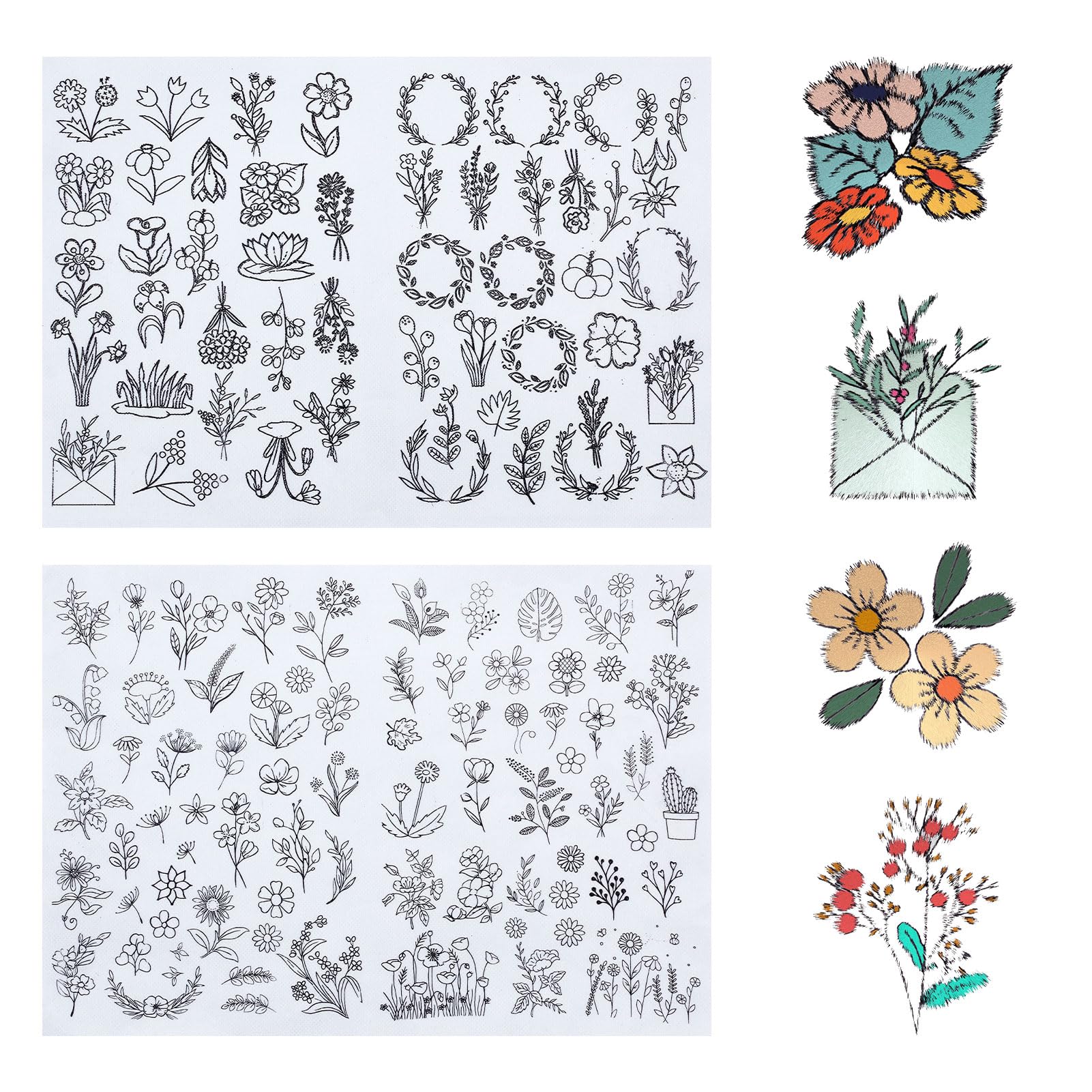 NICENEEDED 116 PCS Pre-Printed Stick and Stitch Embroidery Paper, Water Soluble Hand Sewing Stabilizers, Plants Embroidered Stabilizer for Hand Sewing Lovers and Beginners
