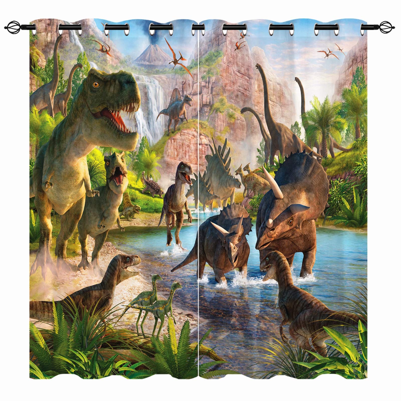 YUANZU Dinosaur Curtains - Kids Boys Jungle Animals Wildlife Dino Print Pattern Eyelet Blackout Thermal Insulated & Room Darkening Window Drapes for Bedroom 2 Panels W168cm x D183cm