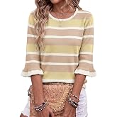 Dokotoo Womens Sweaters 3/4 Sleeve Striped Crewneck Knit Tops Fall Outfits | Sweaters for Women, Color Block, Ruffle Sleeve, Lightweight Soft Pullover Sweater, Casual Vacation Clothes, Fashion Clothing