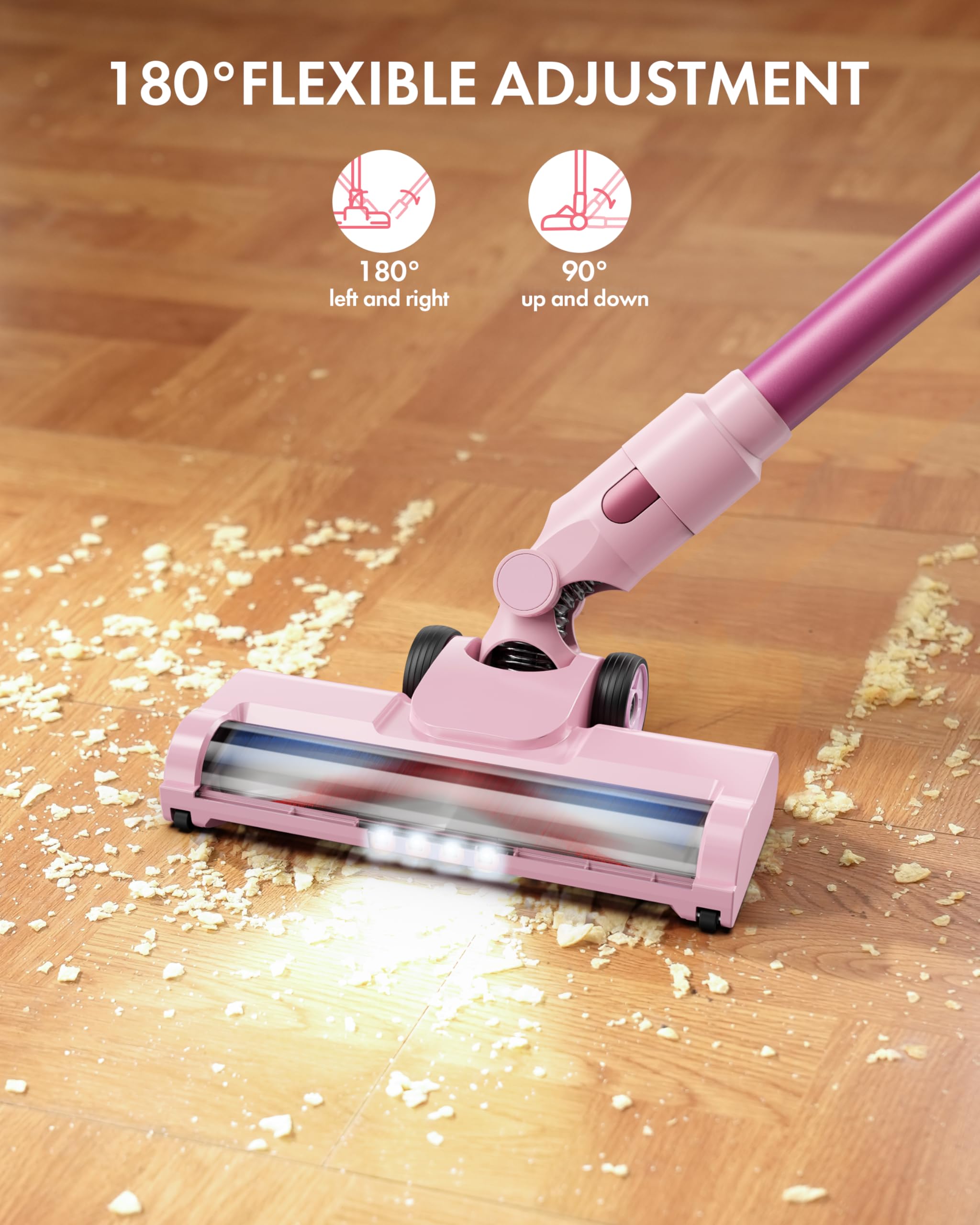 Cordless Vacuum Cleaner, 28Kpa Powerful Suction, 380W Strong Brushless Motor with 8 in 1 Lightweight Stick Vacuum Cleaner with 50 Min Runtime Detachable Battery for Pet Hair & Carpet, Pink
