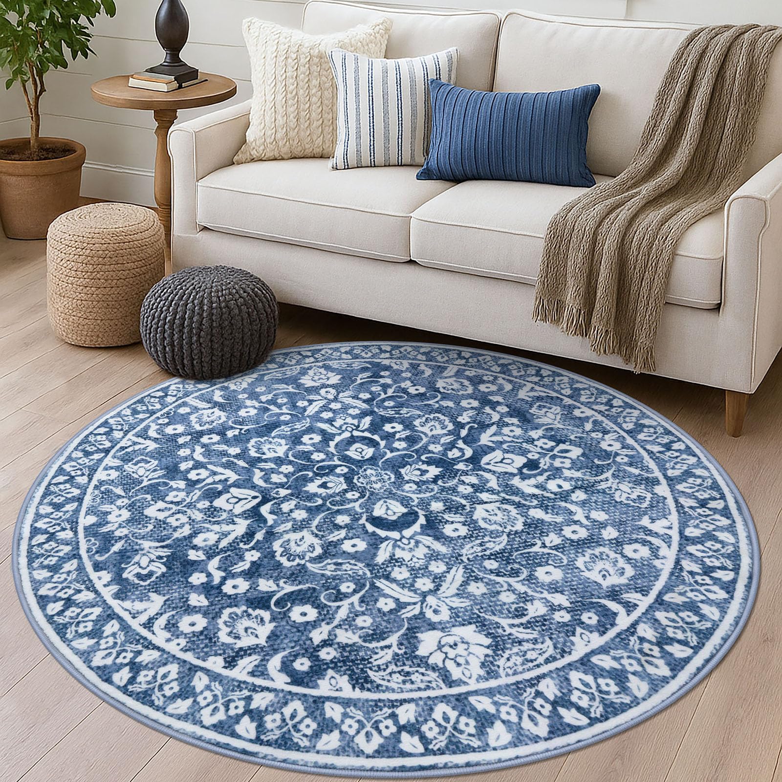 Photo 1 of SILOLOOM Blue and White Round Rug 6 Ft Rugs for Entryway Washable Circle Rug Non Slip Round Living Room Rugs Printed Faux Wool Vintage Round Dining Room Floor Carpet for Living Room, Bedroom