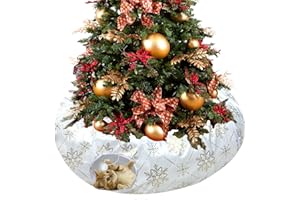 LUCKITTY Plush Snowflake Pattern Cat Tunnel Bed Under Christmas Tree with Premium Gold Foil & Hanging Plush Ball, 10-Inch Diameter 3-Ft Wide Round - Divert Cats from Decor White Color