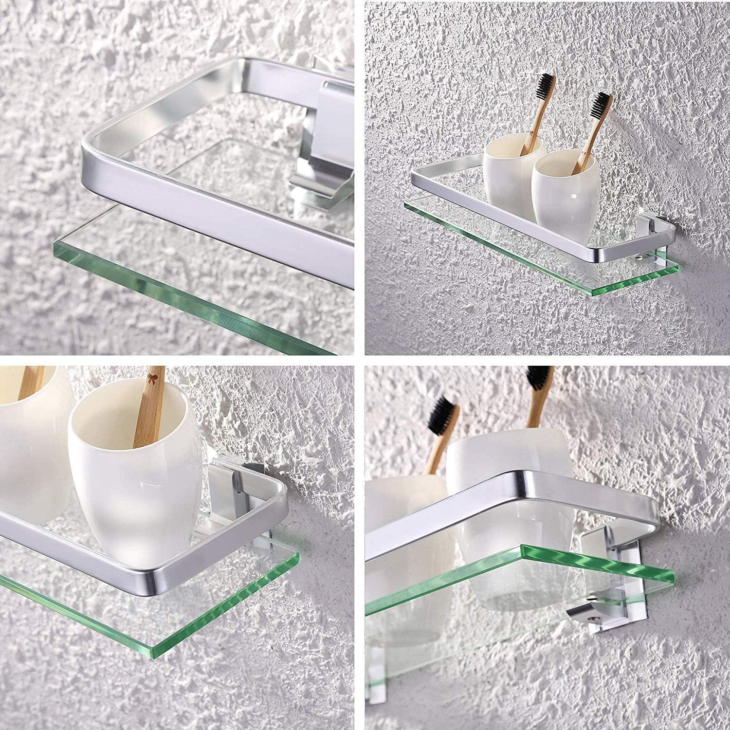 KES Aluminum Bathroom Glass Shelf Tempered Glass Rectangular 1 Tier Extra Thick Silver Sand Sprayed Wall Mounted, A4126A - - 