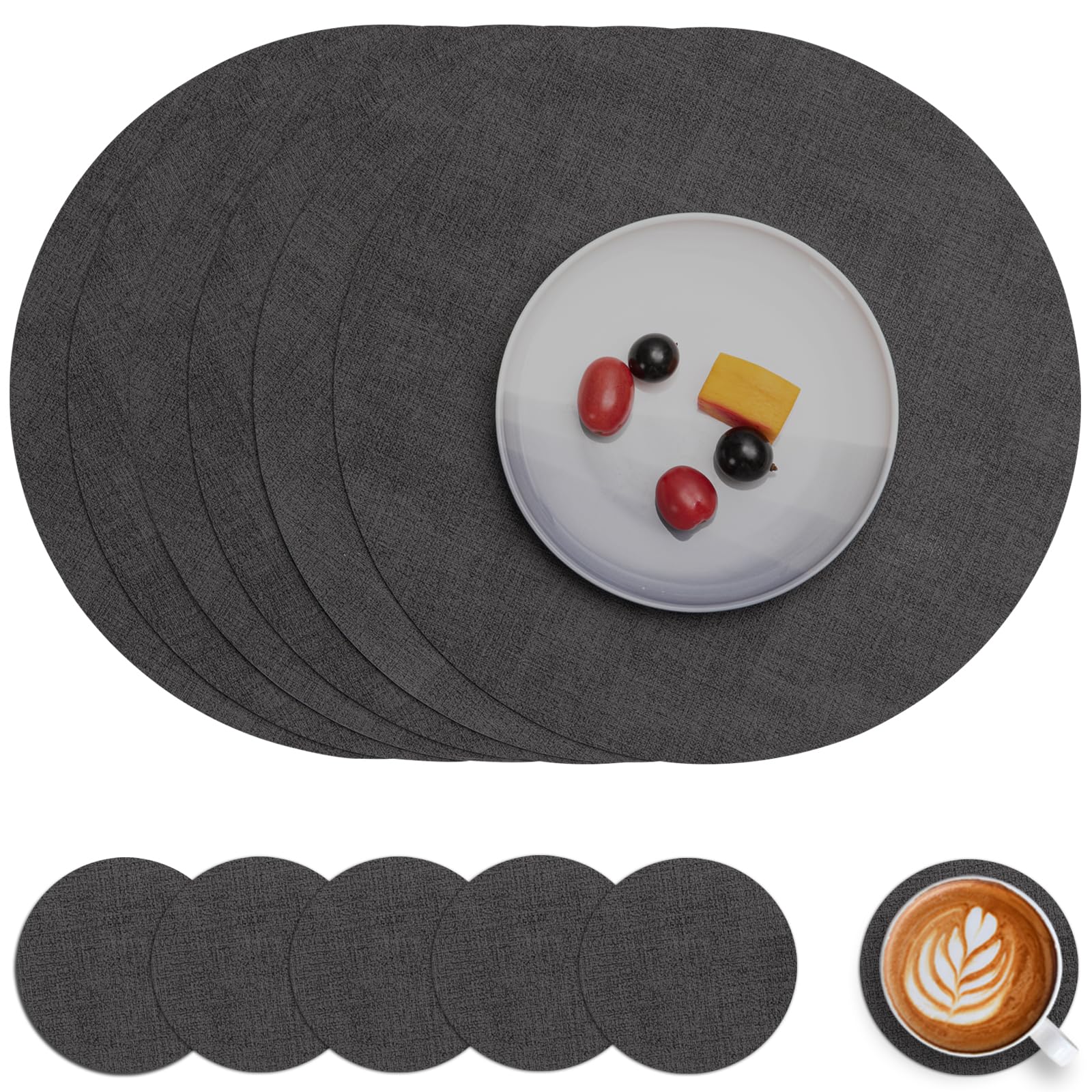 Myir JUN Leather Placemats and Coaster Set of 6, Round Waterproof Dual Sided Kitchen Place Mats Coffee Mats Heat Resistant Non-Slip Washable (set of 6, Grey)