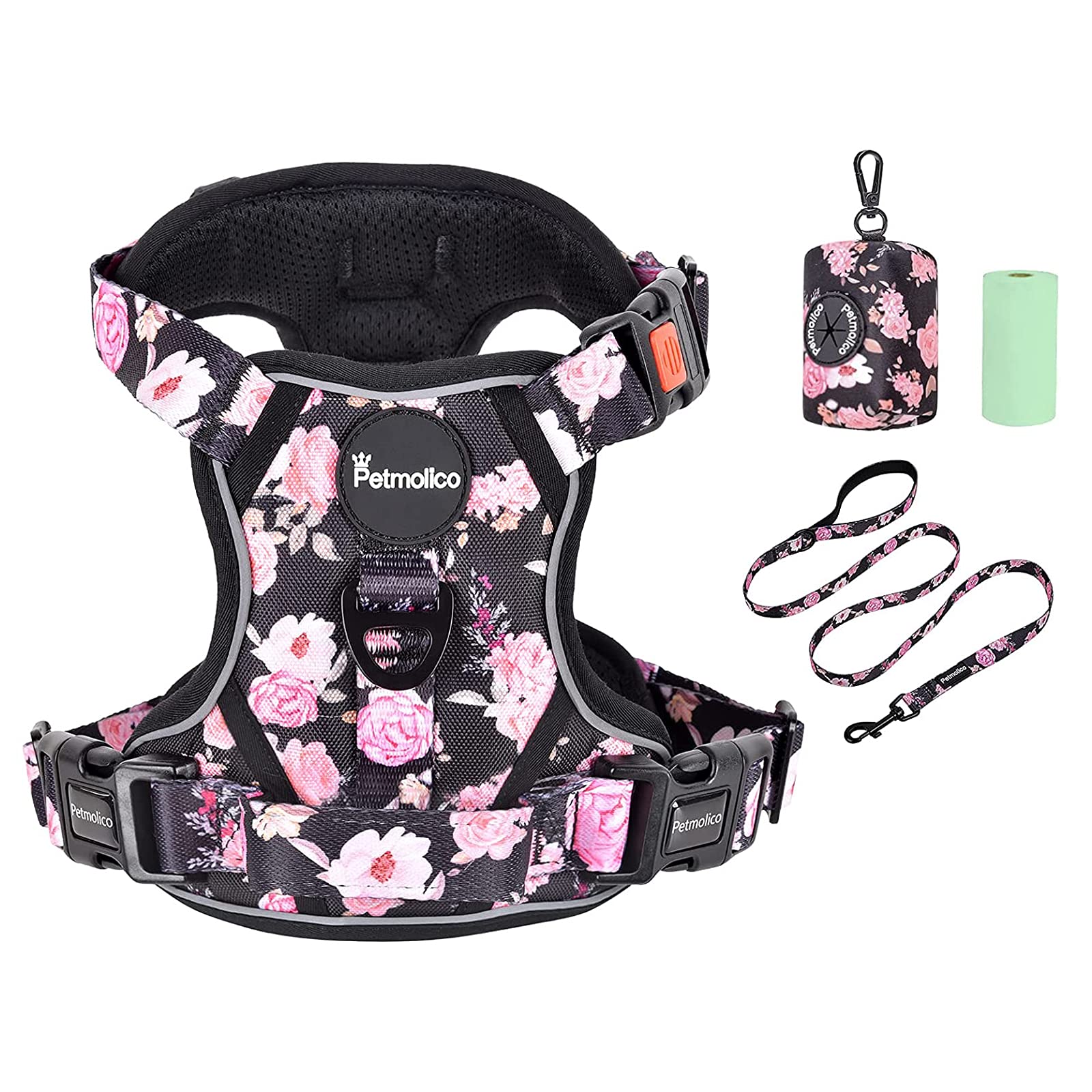 Petmolico No Pull Dog Harness Set with Leash Attachment Easy Control Handle Reflective Harness Vest Small Breed, Puppy Vest and Leash Set with Poop Bag Holder, Small - Pink Rose