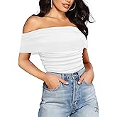 SAUNGKUAI Women's Short Sleeve Bodysuit Off the Shoulder Mesh Ruched One Piece Body Suits Summer Outfits