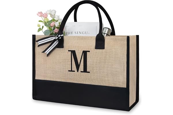 TOPDesign Personalized Initial Jute/Canvas Beach Bag, Monogrammed Gift Tote Bag for Women