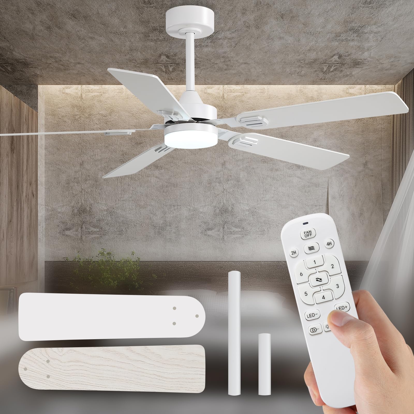 Photo 1 of Iceifan White 52 Inch Ceiling Fans with Lights and Remote Control,Reversible Ceiling Fans with Dimmable LED Lights and Remote DC Motor 6 Speeds Indoor/Outdoor Ceiling Fan for Bedroom Patios Porch