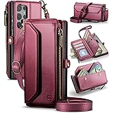 Strapurs Wallet Case Compatible with Samsung Galaxy S24 Ultra 5G RFID Blocking 10-Card Holder Soft PU Leather Magnetic Snap Strap Zipper Pocket Phone Case Fit for Galaxy S24 Ultra - Wine Red
