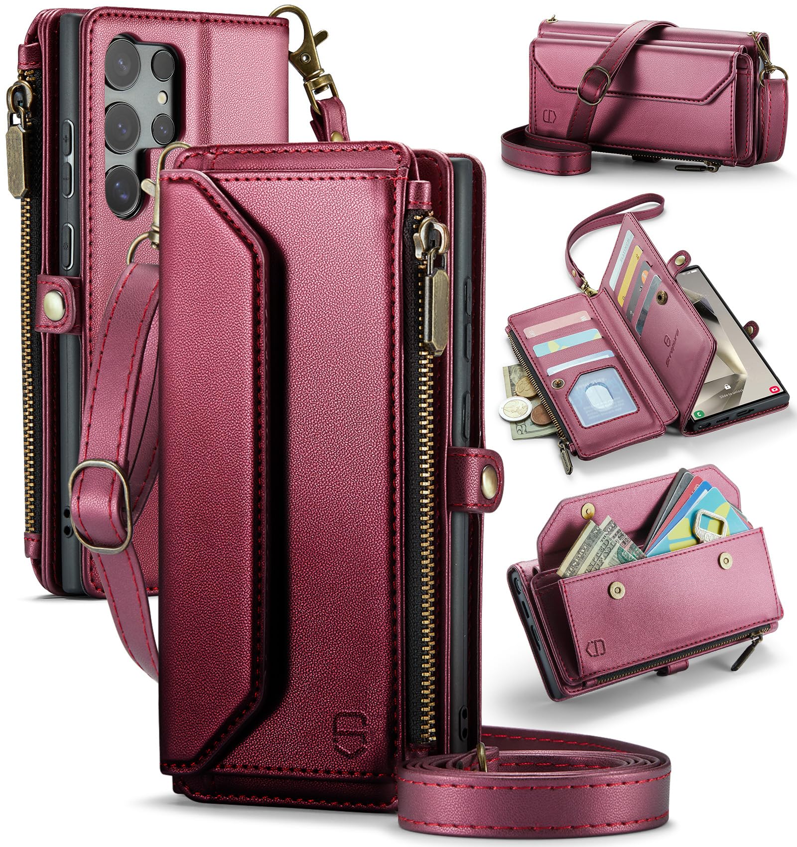 Strapurs Wallet Case Compatible with Samsung Galaxy S24 Ultra 5G RFID Blocking 10-Card Holder Soft PU Leather Magnetic Snap Strap Zipper Pocket Phone Case Fit for Galaxy S24 Ultra - Wine Red