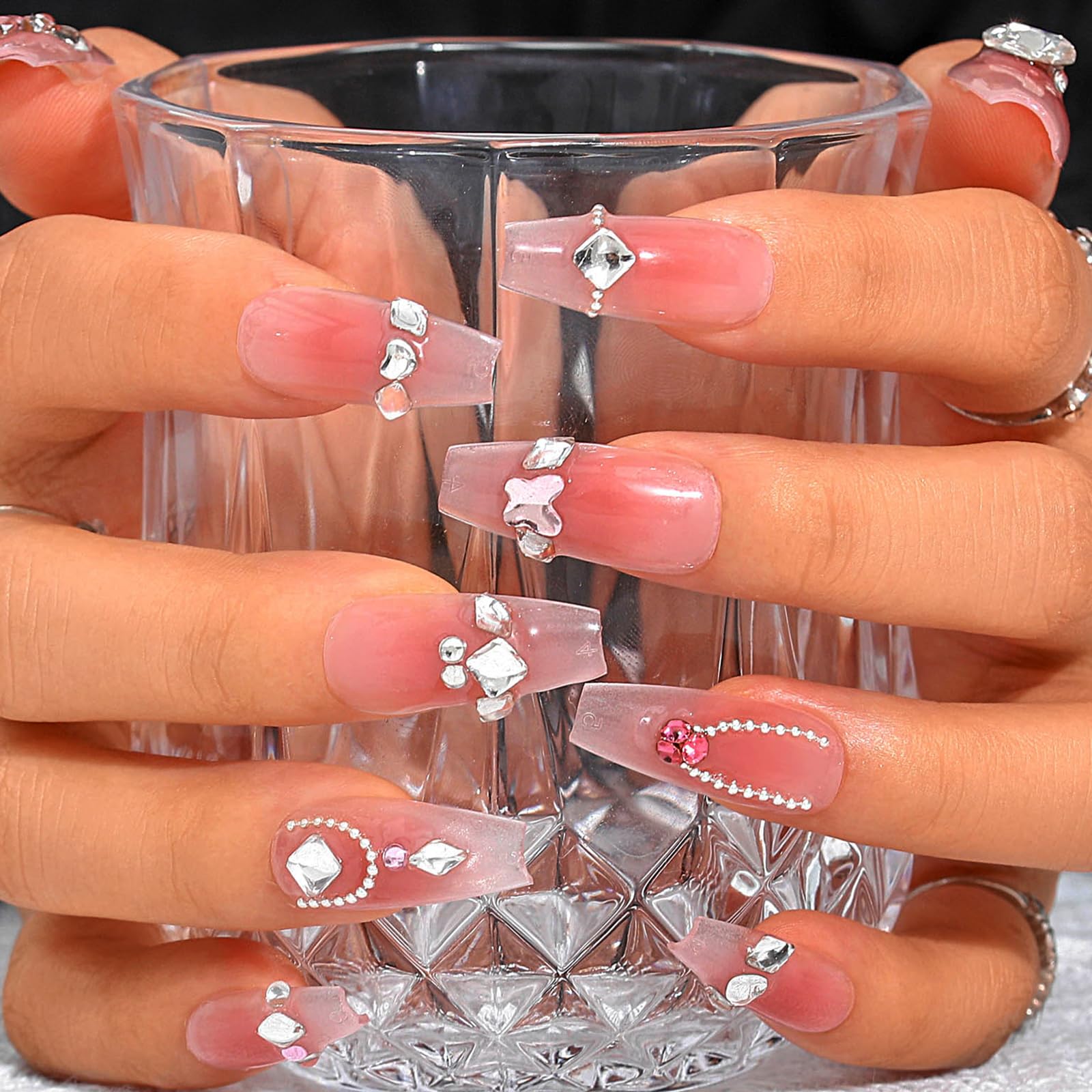 Sethexy Long Coffin Pink False Nails Handmade Rhinestone Blush Gradient Fake Nails 3D Crystal Love Heart Chain Press On Nails Glossy Acrylic Salon Quality Nail Art Removable for Women and Girls (J)