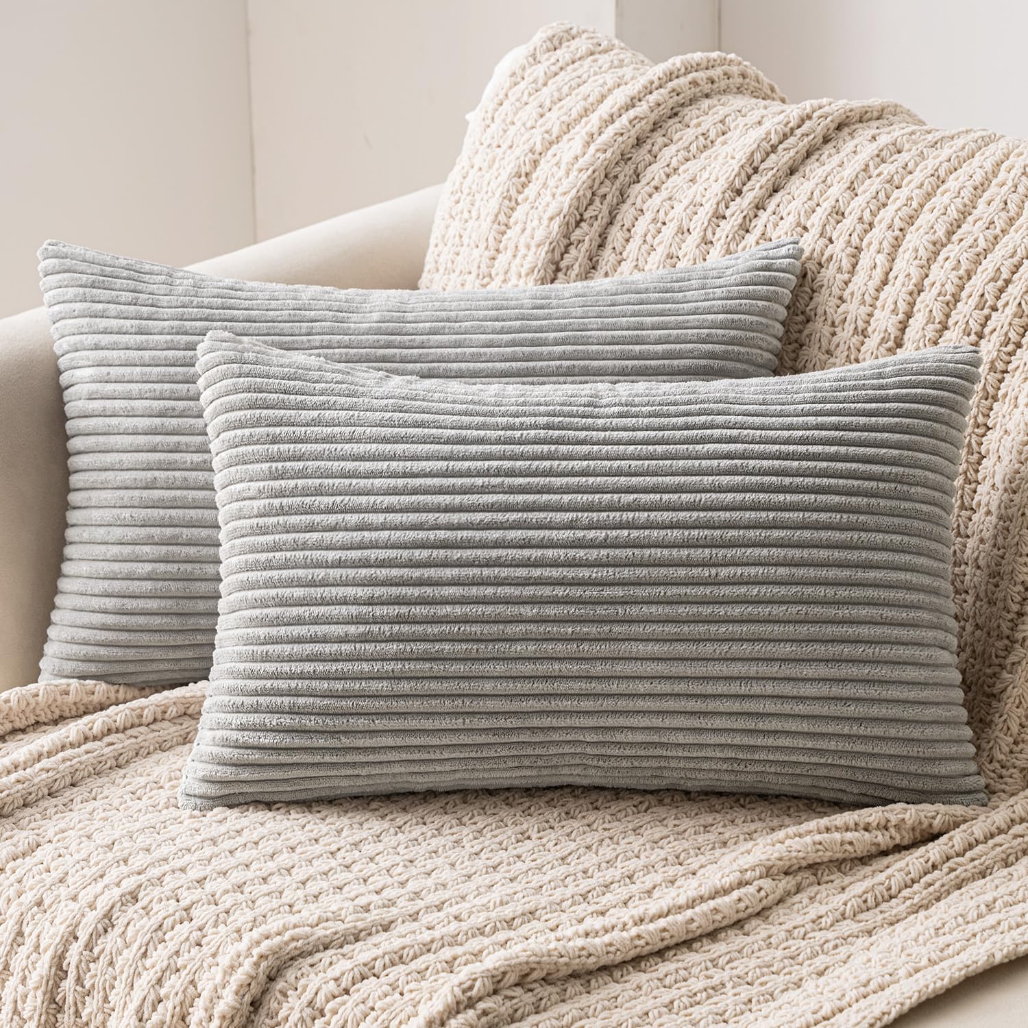 MIULEE Set of 2 Striped Corduroy Square Throw Pillow Case Soft Cushion Covers Sham Home for Sofa Couch/Bedroom Decorative Fluffy Large Pillowcases 16x24 Inch 40x60cm Light Grey