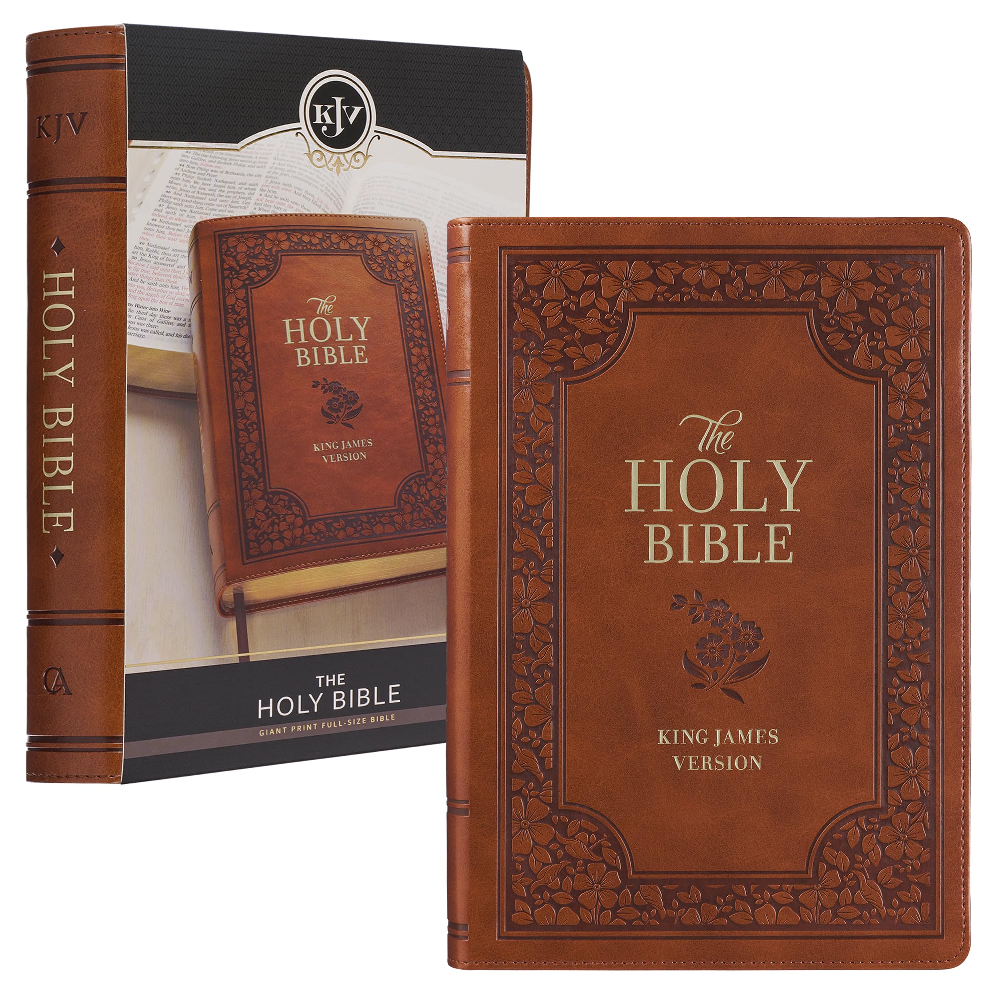 KJV Holy Bible, Giant Print Full-size Faux Leather Red Letter Edition - Thumb Index & Ribbon Marker, King James Version, Saddle Tan Floral (KJV Giant Print Full Size Bible)