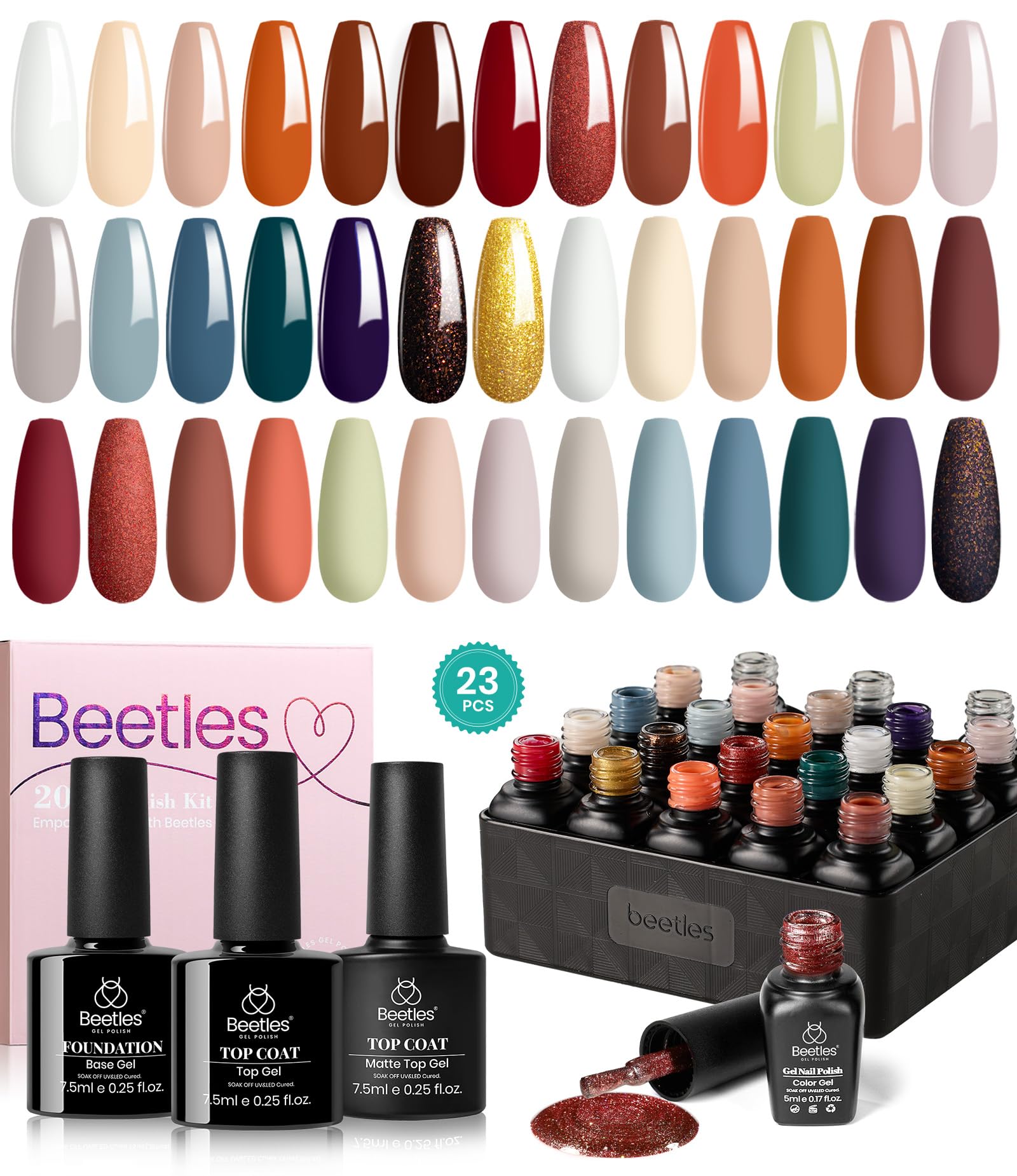 Beetles 23Pcs Gel Nail Polish Kit with Base Gel Top Coat Reason and Romance All Seasons Burgundy Red Brown Gray Soak off UV Nail Lamp Valentines Set Gifts for Women — image 1