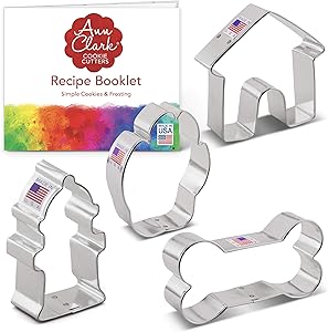 Ann Clark Cookie Cutters 4-Piece Dog Themed Cookie Cutter Set with Recipe Booklet, Dog Bone, Paw Print, Fire Hydrant, and Dog House