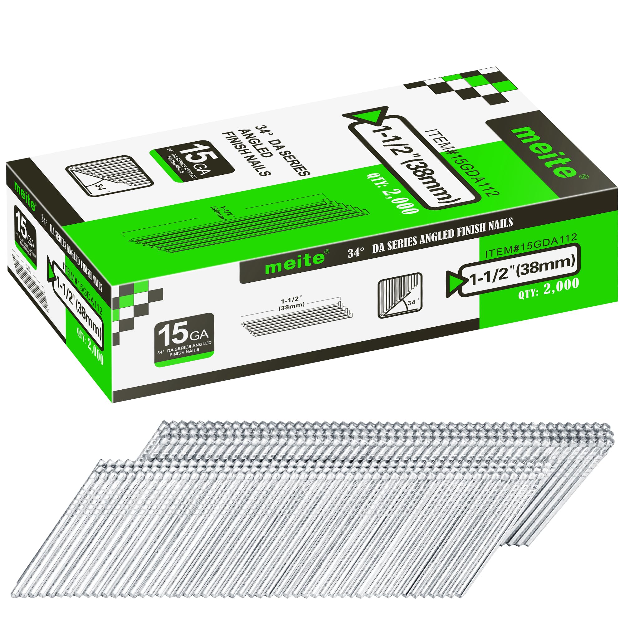 meite DA38 Type 15G / 38 mm Angled Finish Nails, 15 Gauge 34 Degree Galvanised Angled Finishing Nails for Nail Guns - Ideal for Woodworking, Upholstery, and Framing Projects (2,000 Counts)