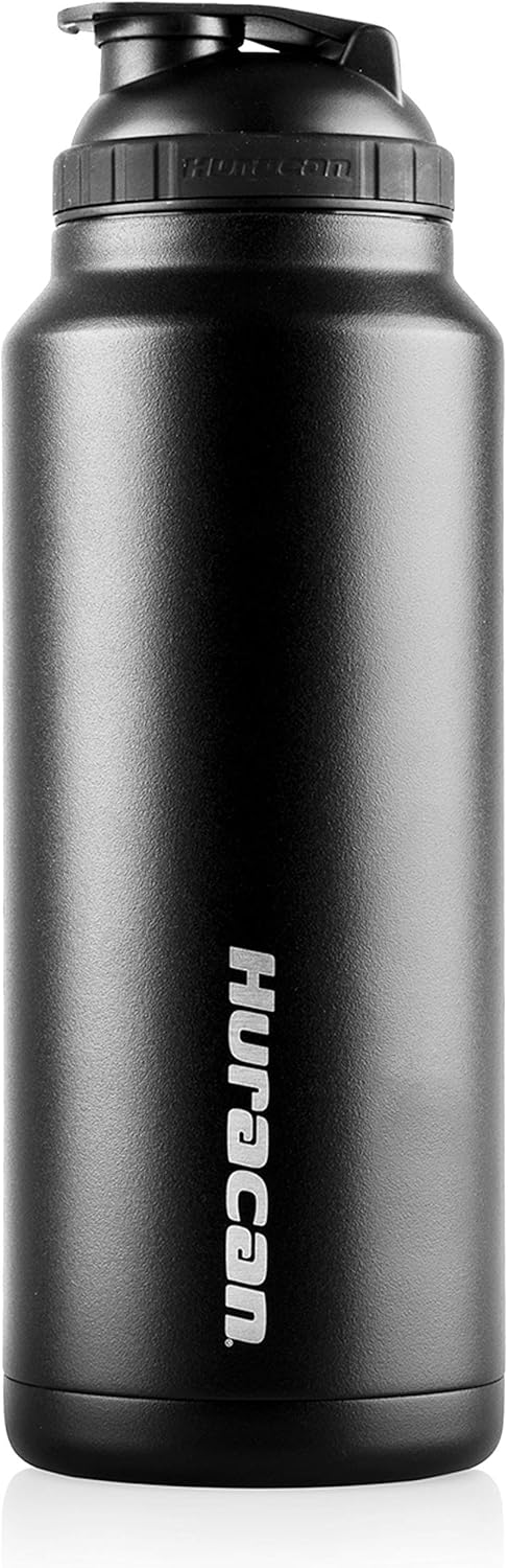 Huracan Shaker Bottle: Protein Blender Bottle, Stainless Steel Water Bottle, Double Wall Vacuum Insulated Smoothie Cup, Wide Mouth, Removable Mixer, Silicone Grip, BPA Free - Black 36 oz