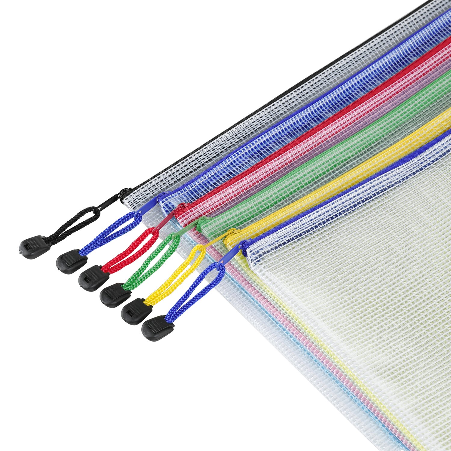 SUNEE A4 Size Zipper File Bags 6 Colors, Plastic Zippered Pouch Storage Bag with Lifting Ring, PVC Zip File Folders Water Resistant for Business Travel School Office Use (18 Pack)