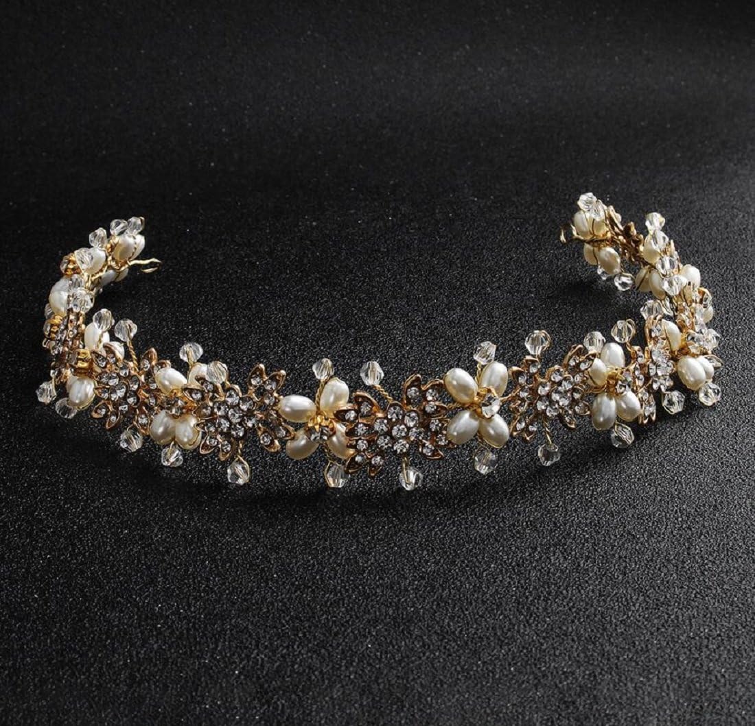 Ammei Bridal Headpiece Flower Design Wedding Headband Bridal Hair Accessories (Gold)