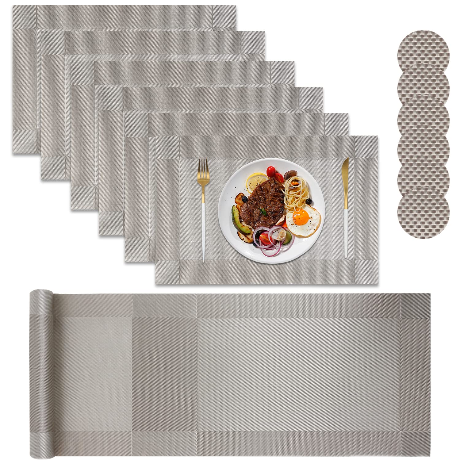 Homcomodar Table Place Mat with Coasters Set of 6 Washable Placemat Sets Heat Resistant Table Runner 30x180cm(Grey) — image 1