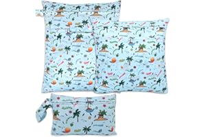 SANFERGE 3pcs Baby Cloth Diaper Wet Dry Bags, Waterproof Reusable Wet Bag with 2 Zipper Pockets & Handle, Washable Laundry Bags for Travel Beach Pool Daycare Yoga Gym Exercise Swimsuits, SML, Sea