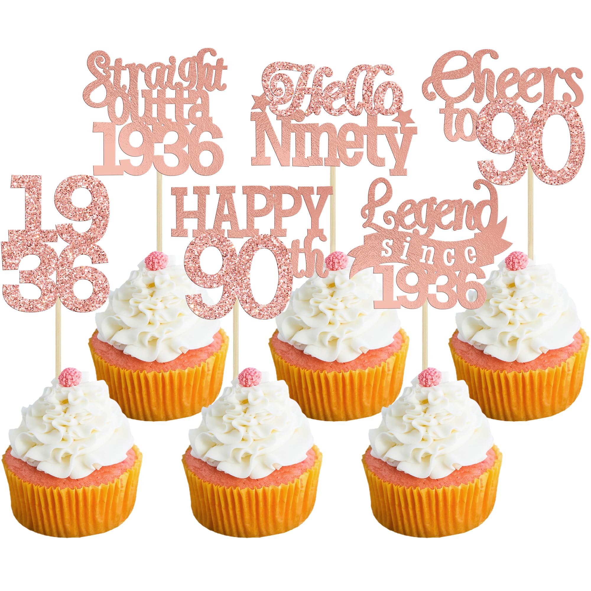 Gyufise 24Pcs Happy 90th Birthday Cupcake Toppers Hello Ninety Legend Since 1936 Cupcake Picks Cheers to 90 Years Cake Decorations for 90th Birthday Anniversary Party Supplies Rose Gold