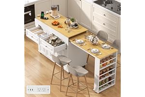 CHARTUSTRIABLE 80"-48" Extendable Kitchen Island with Extended Dining Table and Power Outlet,Large Mobile Kitchen Storage Islands with 2 Storage Drawers,Rolling Islands Cart with 3 Extra Rows Open Shelves(White)
