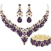 Paxuan Elegant Bridal Wedding Jewelry Set for Women / Brides / Bridesmaids Teardrop Crystal Leaf Cluster Jewelry Set for Wedding Prom Party Bridal Bridesmaids Rhinestone Crystal Necklace Earrings Bracelet Set (Purple(Gold))