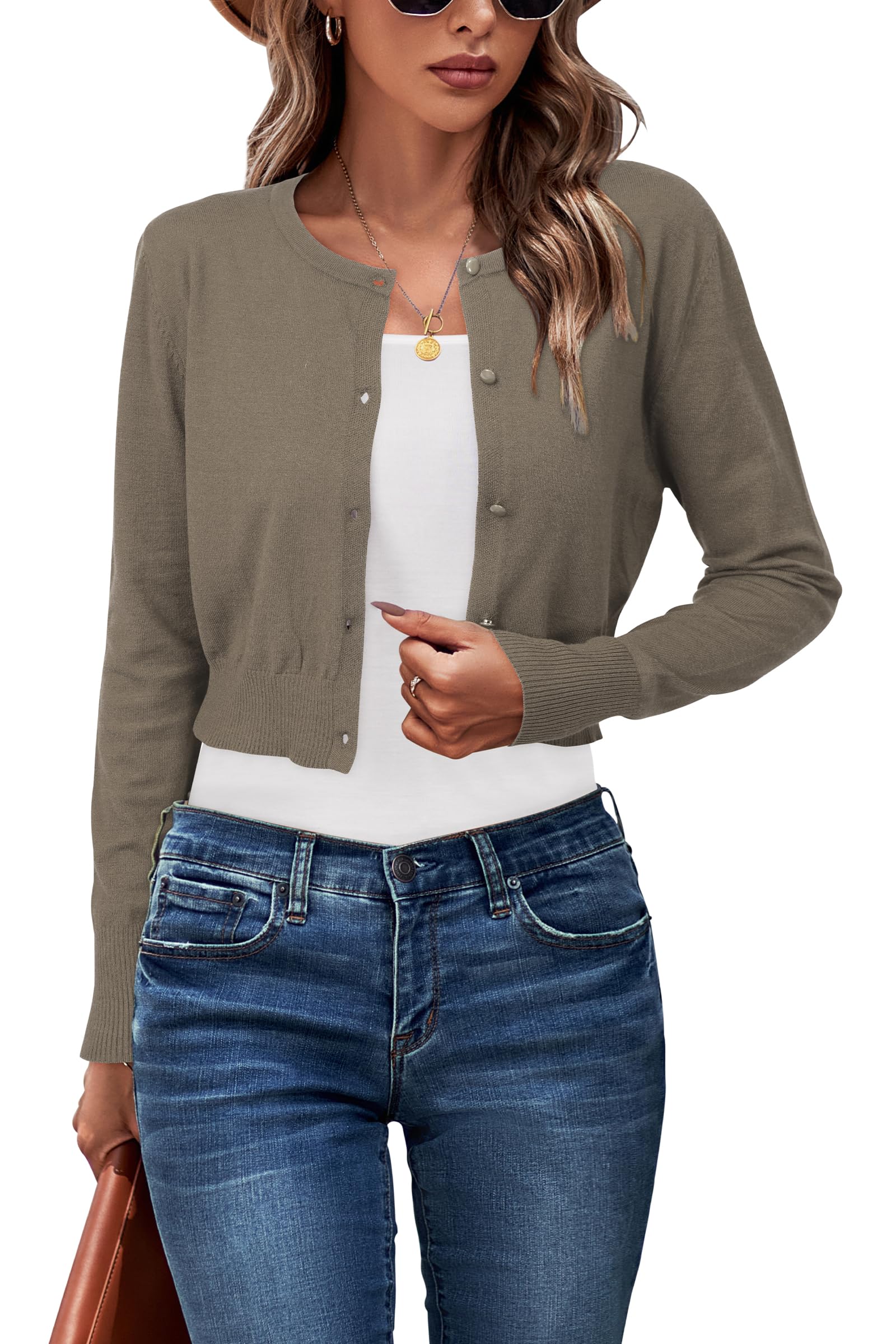 Newshows Cardigan Sweaters for Women 2026 Fashion Spring Summer Business Dressy Crew Neck Button Down Open Front Knit Bolero Shrug Sweater(Pale Brown, Small) Image