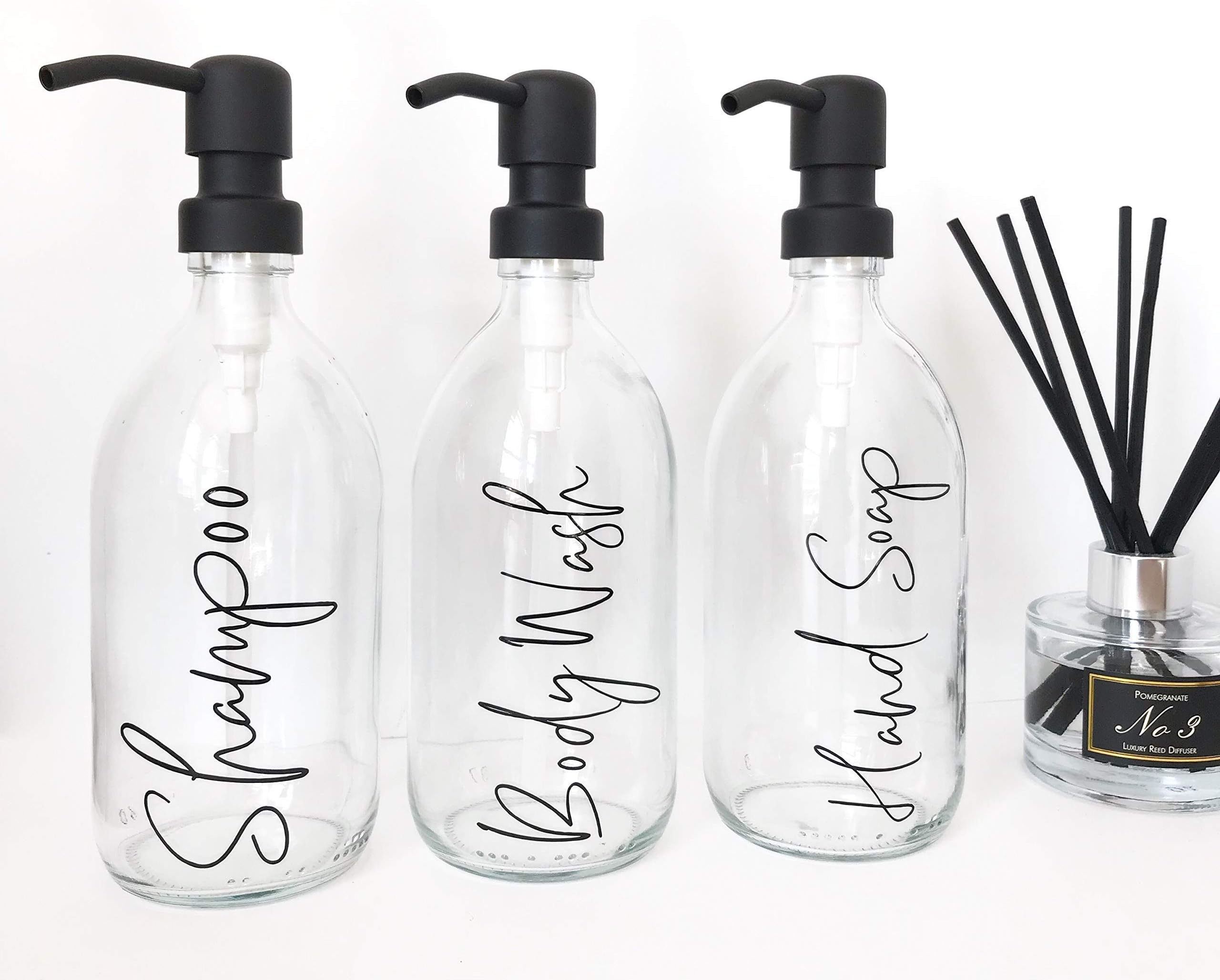 Mrs Hinch Bathroom Bottles, 500ml Personalised Glass Reusable Bathroom Bottles with Metal Lotion Pump - Reusable Bottles - Soap Dispenser - Toiletry Bottles - Soap pump - Lotion Dispenser