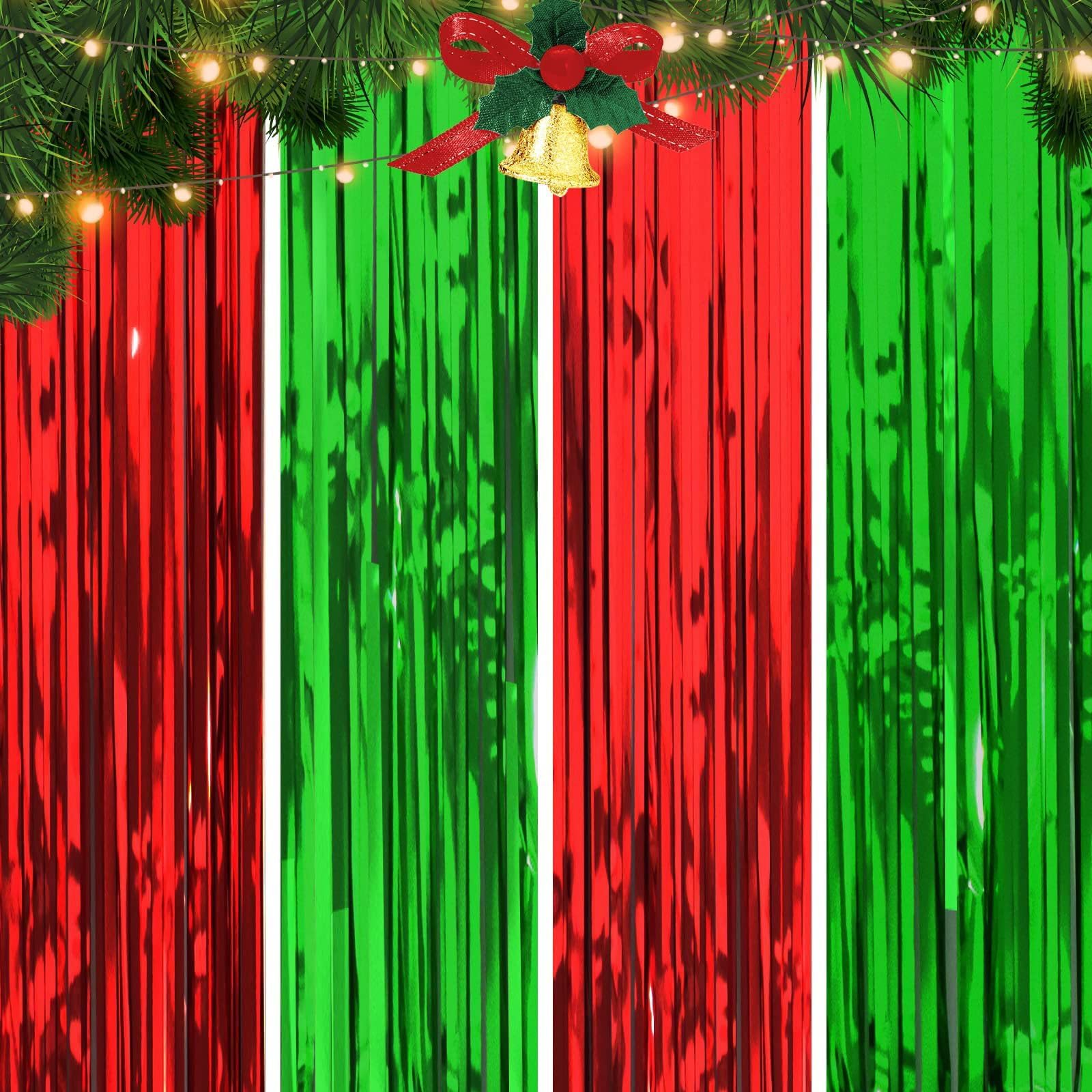 4 PCS Christmas Tinsel Foil Fringe Curtains Red Green Fringe Curtains Streamers Backdrop for Christmas Party Photo Backdrops Props Theme Decorations 3.2ft x 6.5ft