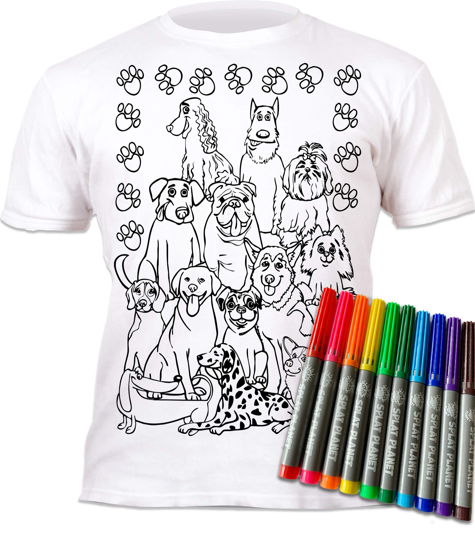 Splat Planet Colour-in Dogs, Pets T-Shirt with 10 Non-Toxic Washable Magic Colouring Pens - Colour-in and Wash Out T-Shirt (UK, Age, 12 Years, 13 Years, Regular) White
