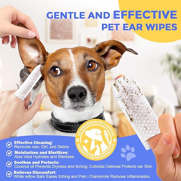 PUPMATE EAR FINGER WIPES FOR DOGS & CATS – CLEANING EARWAX & DEBRIS – RELIEVES EAR ITCHING & DISCOMFORT – FRESH ALOE SCENT – SOOTHS & REPAIR, NATURAL INGREDIENTS-50 COUNT